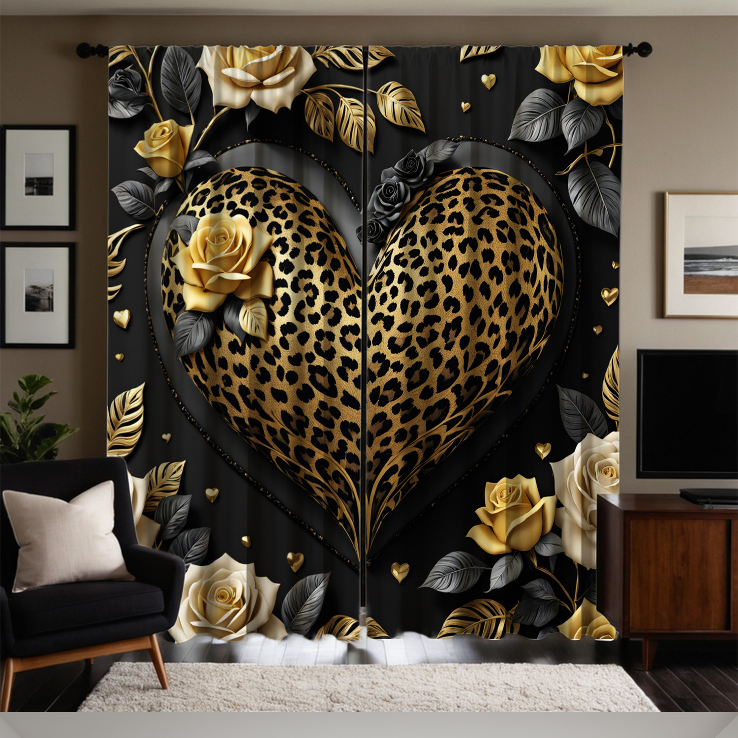 3D Printing Cafe - Gold Leopard Heart and Rose Curtains