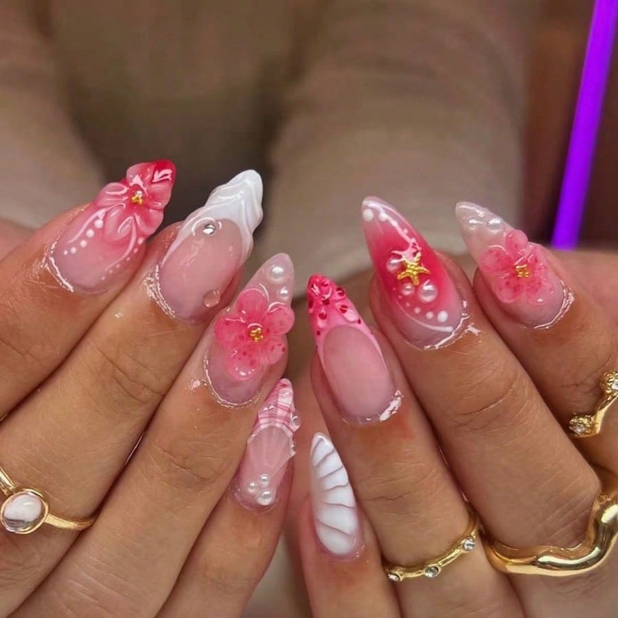 3D Printing Nails - Women Pink 3D Flower Press On